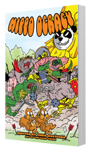 Cover Hippo Ocracy featuring cartoon hippos, rhinos, and alligators battling it out behind a pair of dancing squirrels.