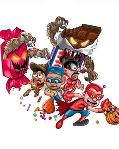 A Bad Aura Media art print featuring mutant Halloween candy chasing a group of scared trick-or-treaters.