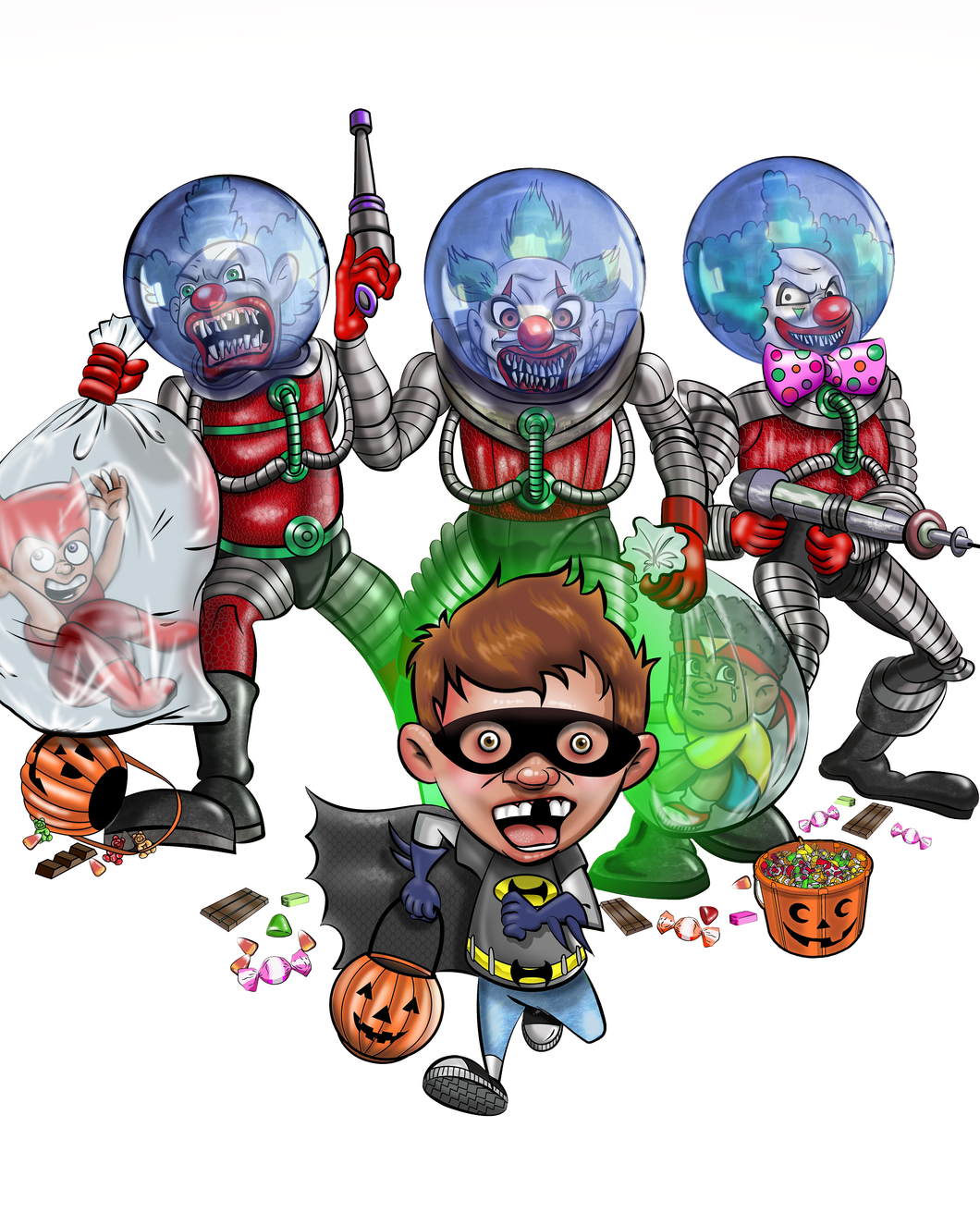An original Bad Aura Media art print featuring a group of trick-or-treaters running from zombie clowns from outer space.