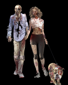 An original art print from Bad Aura Media featuring a pair of zombies taking their zombie dog out for a walk on a leash.
