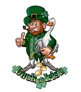 A print from Bad Aura Media of a leprechaun with a goose laying golden eggs & the words "Luck of Irish" at the bottom.