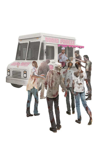 A Bad Aura Media art print featuring zombies shambling towards an ice cream truck with Brain Freeze written on it.